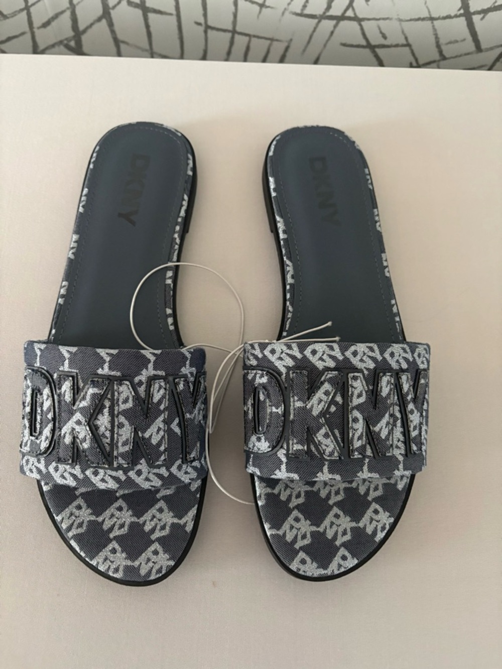 DKNY Denim and Silver Logo Slide Sandals